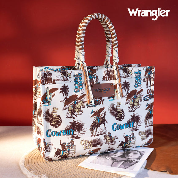Wrangler COWBOY Dual Sided Print Canvas Wide Tote - BEIGE