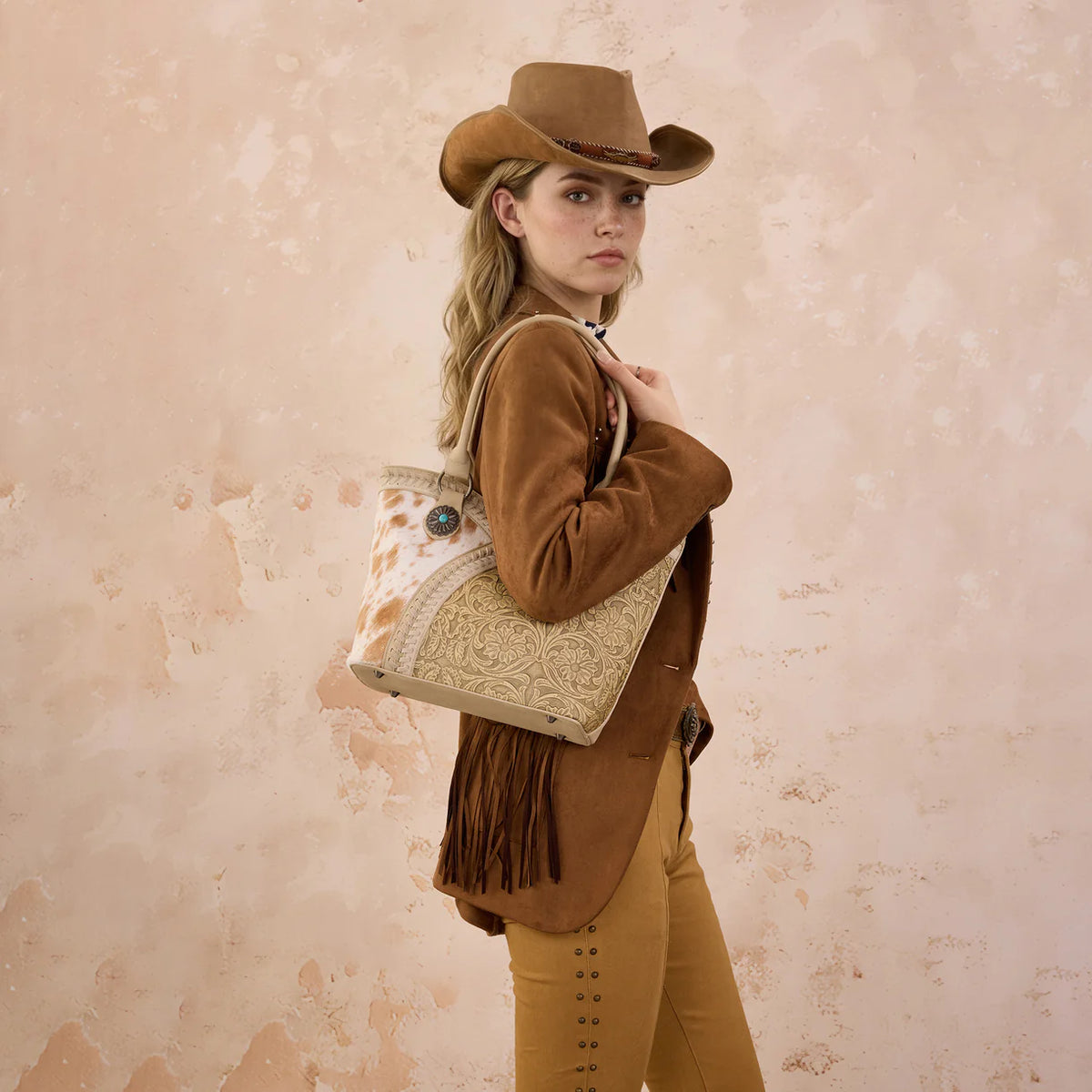 Montana West Tooled & Cowhide Whipstitch Tote Bag - Tan