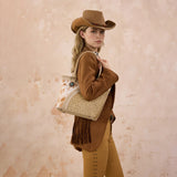 Montana West Tooled & Cowhide Whipstitch Tote Bag - Tan