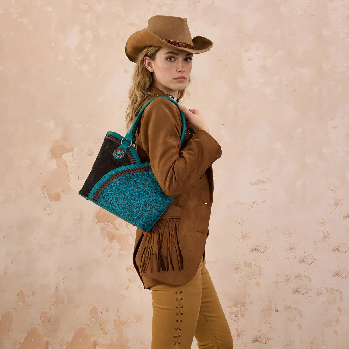 Montana West Tooled & Cowhide Whipstitch Tote Bag - Turquoise