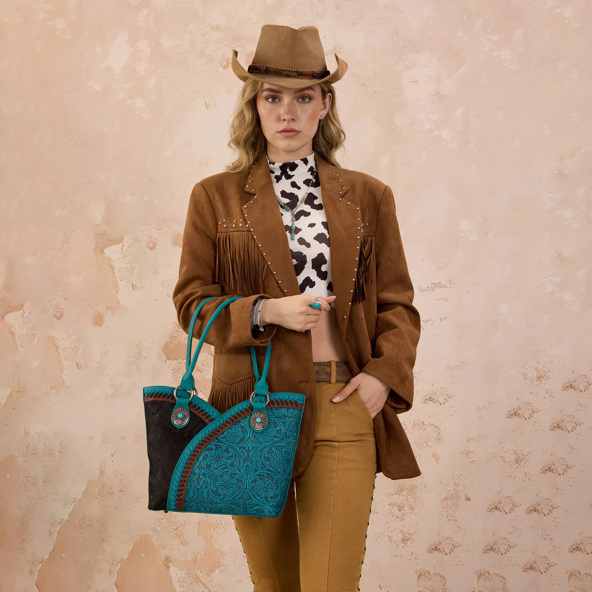 Montana West Tooled & Cowhide Whipstitch Tote Bag - Turquoise