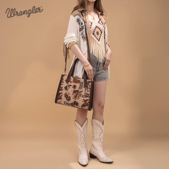 Wrangler Vintage Retro Cowboy Cool Print Concealed Carry Satchel/Crossbody - Tan