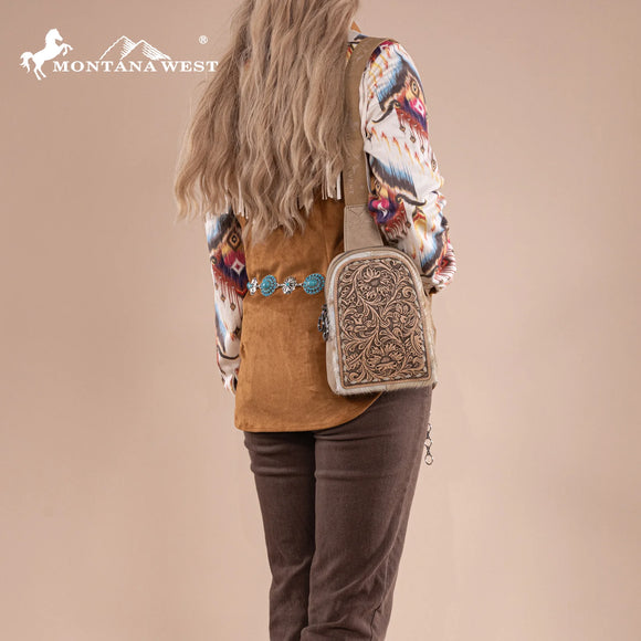 Montana West Floral Tooled Genuine Cowhide Hair-On Trimmed Sling Bag - Tan