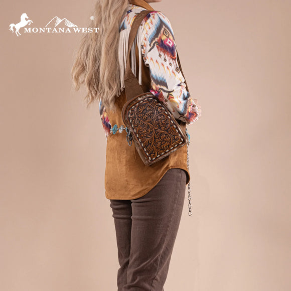 Montana West Floral Tooled Genuine Cowhide Hair-On Trimmed Sling Bag - Brown