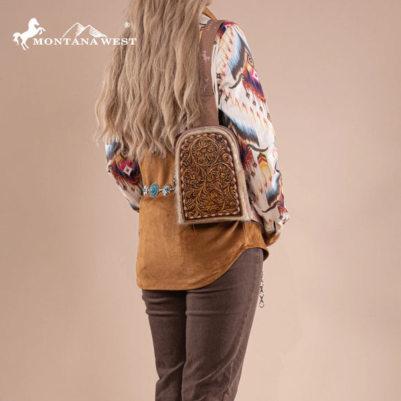 Montana West Floral Tooled Genuine Cowhide Hair-On Trimmed Sling Bag - Pink