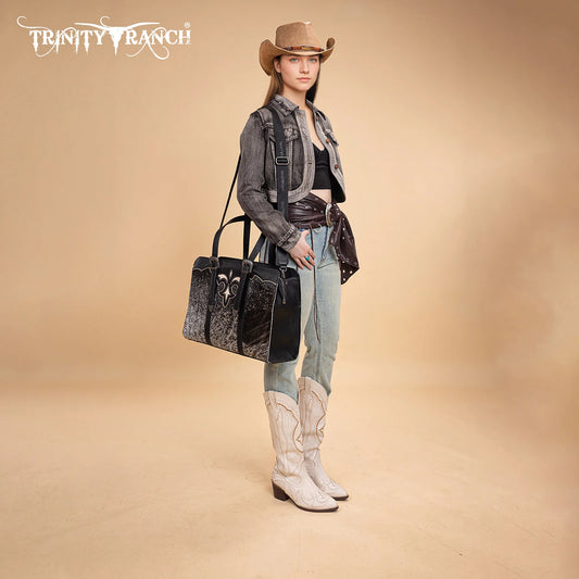 Trinity Ranch Genuine Cowhide Carry-All Cowhide Concealed Carry Large Tote /Crossbody - Black
