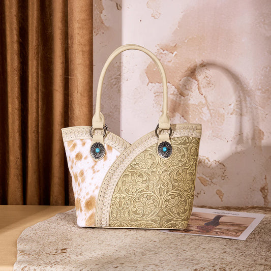 Montana West Tooled & Cowhide Whipstitch Tote Bag - Tan