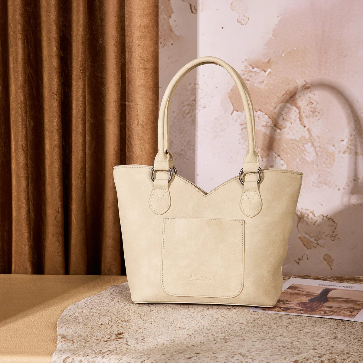 Montana West Tooled & Cowhide Whipstitch Tote Bag - Tan