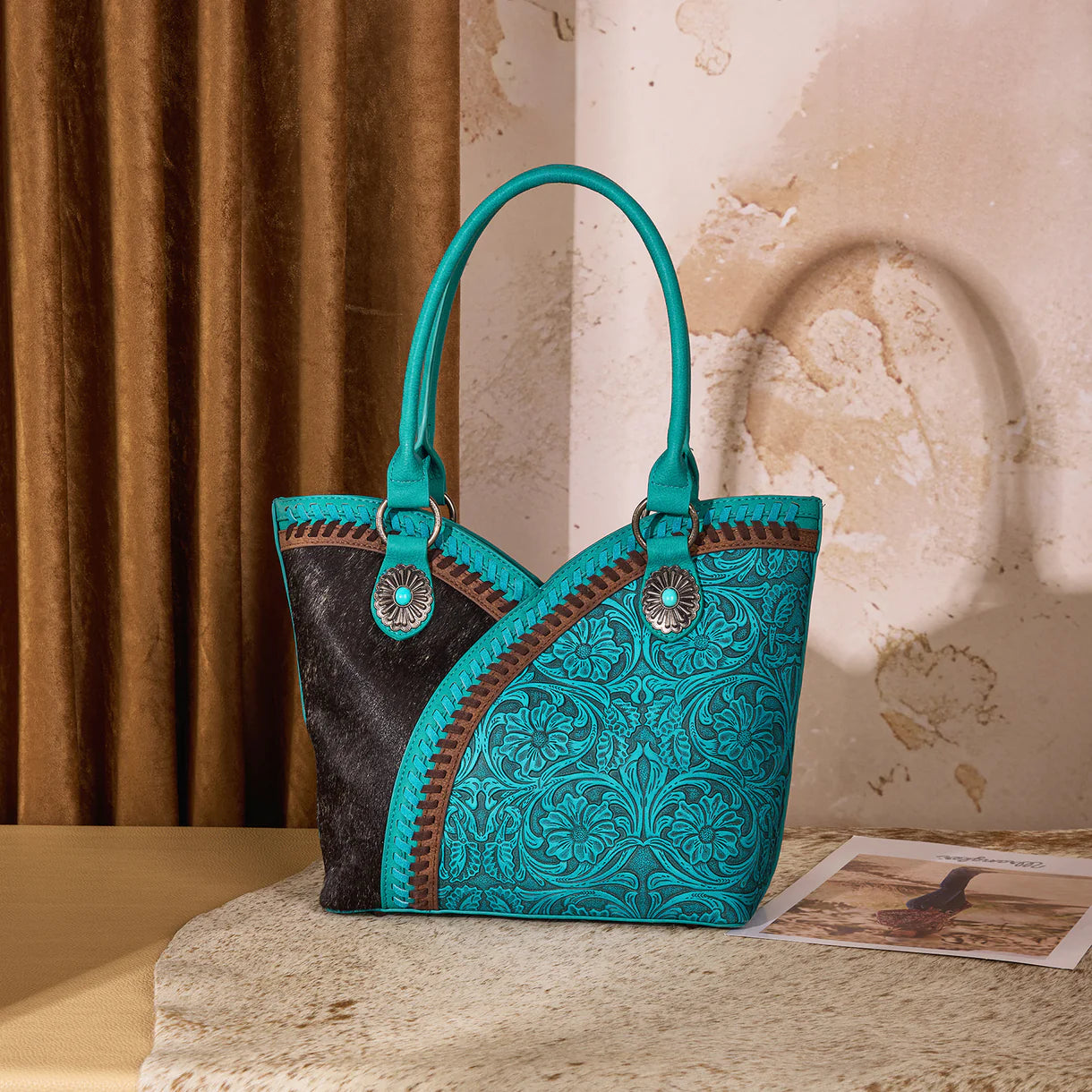 Montana West Tooled & Cowhide Whipstitch Tote Bag - Turquoise