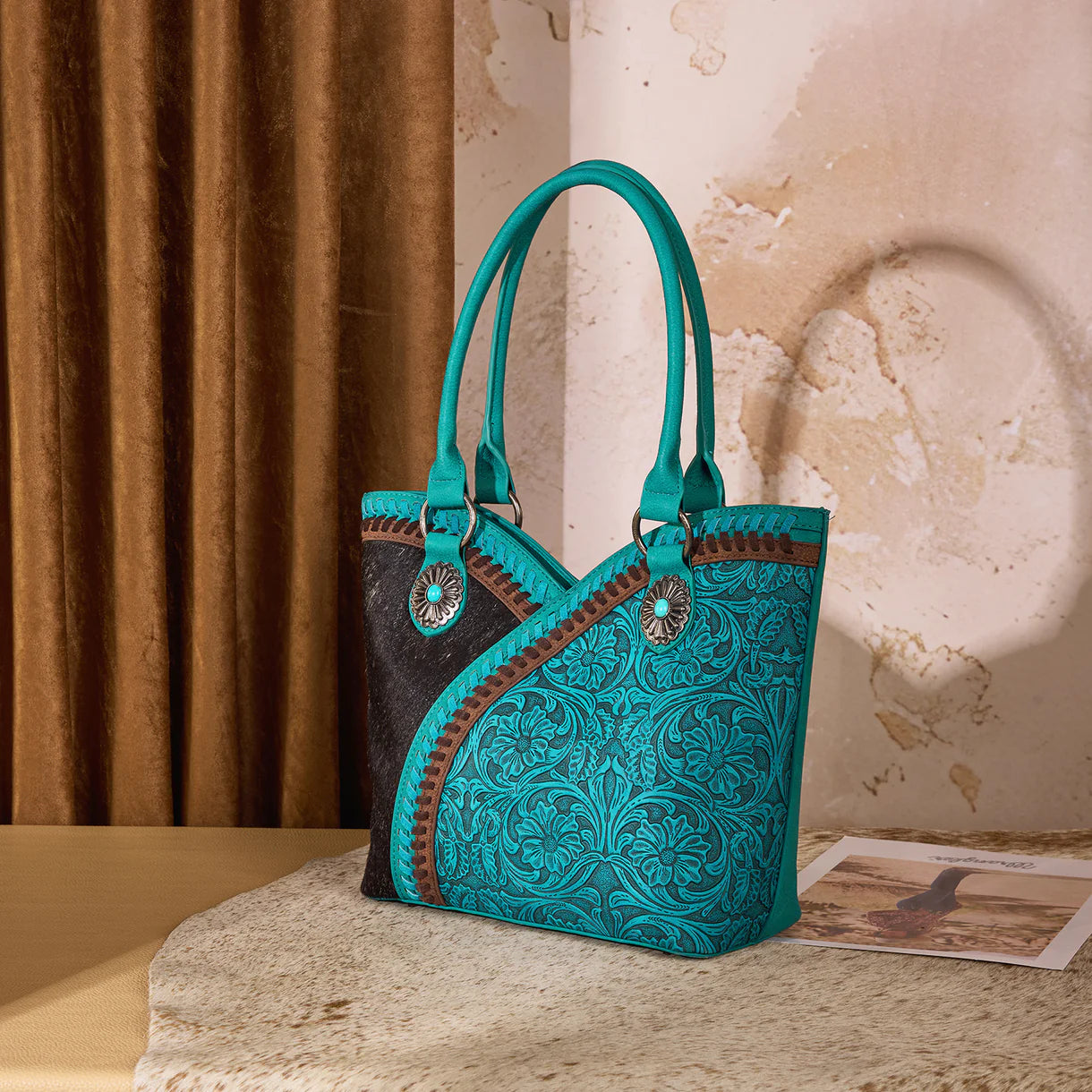 Montana West Tooled & Cowhide Whipstitch Tote Bag - Turquoise