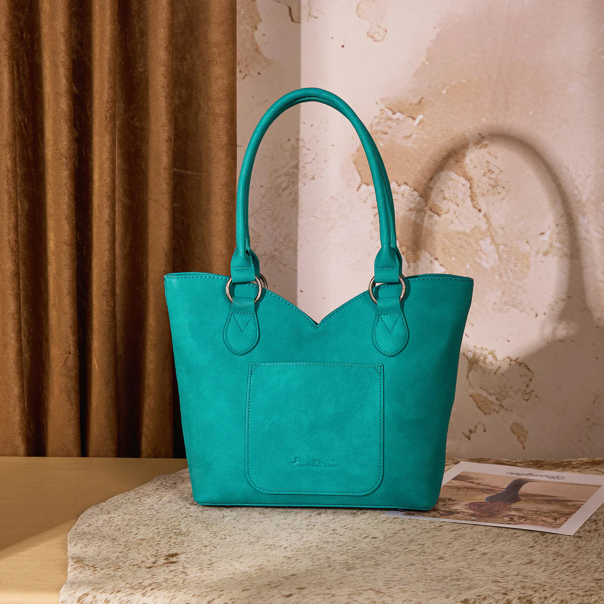 Montana West Tooled & Cowhide Whipstitch Tote Bag - Turquoise