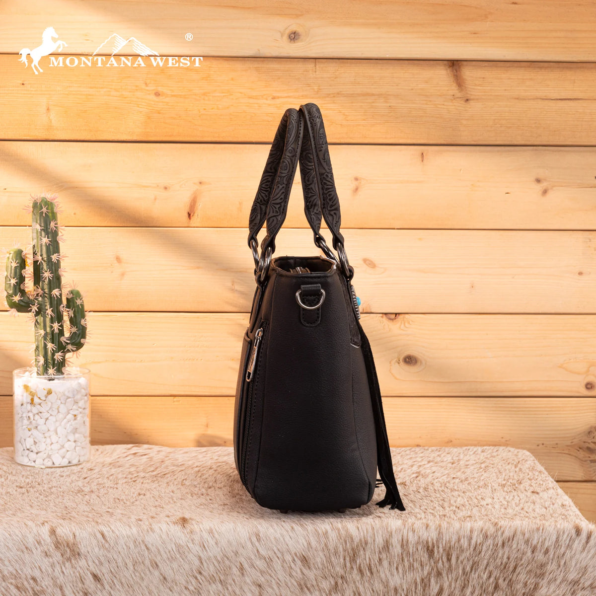 Montana West Hair-On Hide Concealed Carry Tote Bag with Tooled Strap - Black