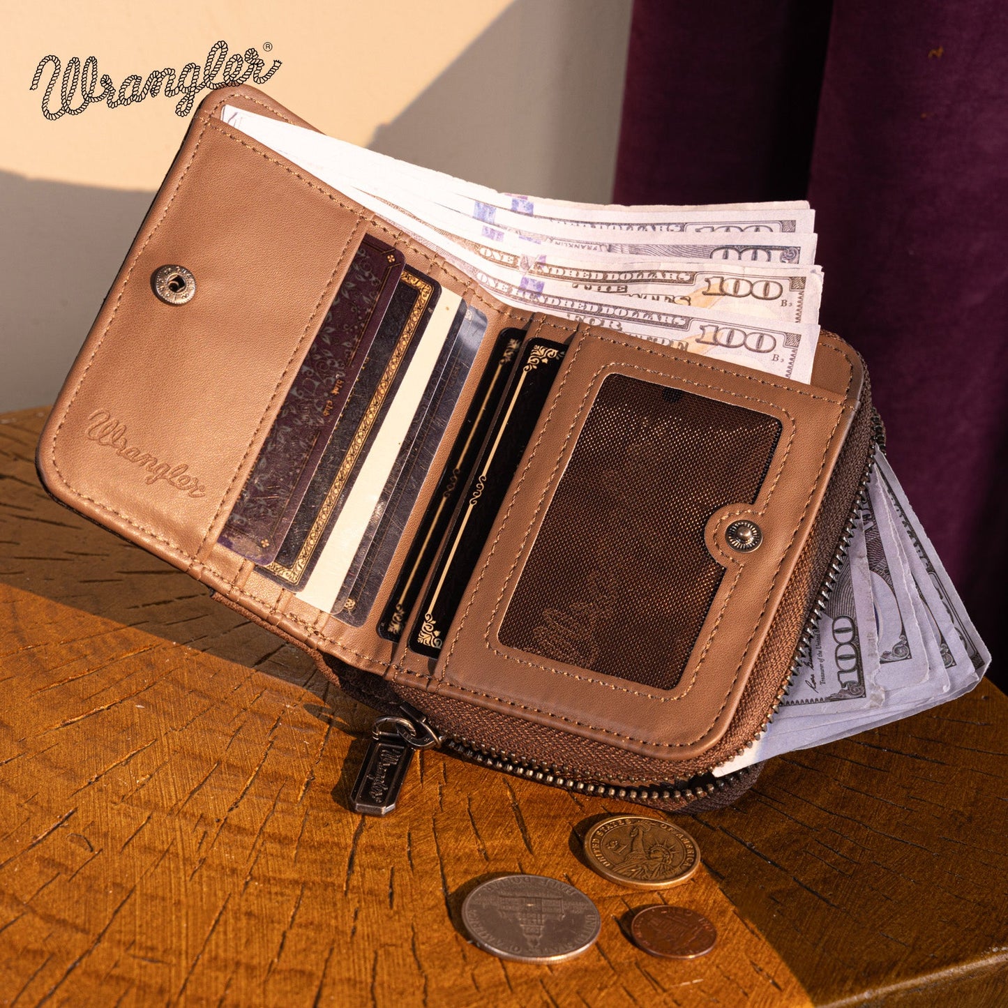 Wrangler Western Tooled Bi-Fold Wallet - Khaki