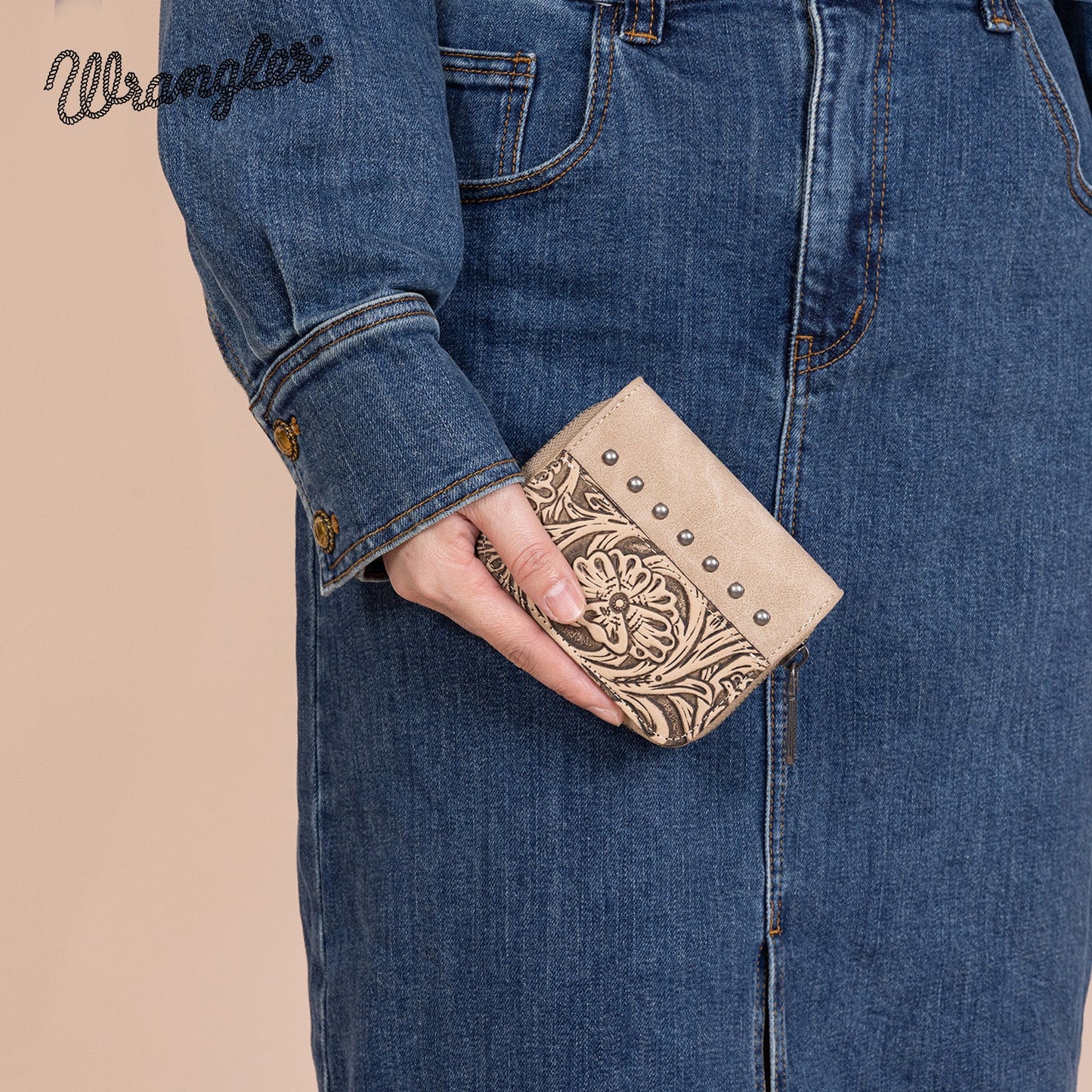 Wrangler Western Tooled Bi-Fold Wallet - Khaki