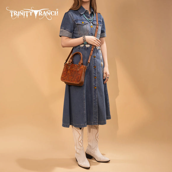 Trinity Ranch Floral Tooled Collection Mini Tote/Crossbody - Brown