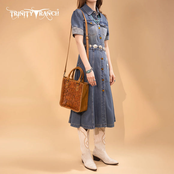 Trinity Ranch Floral Tooled Collection Tote/Crossbody - Light Brown