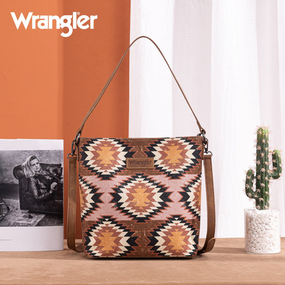 Wrangler Aztec Distressed Print Dual Sided Print Hobo Bag/Crossbody - Brown