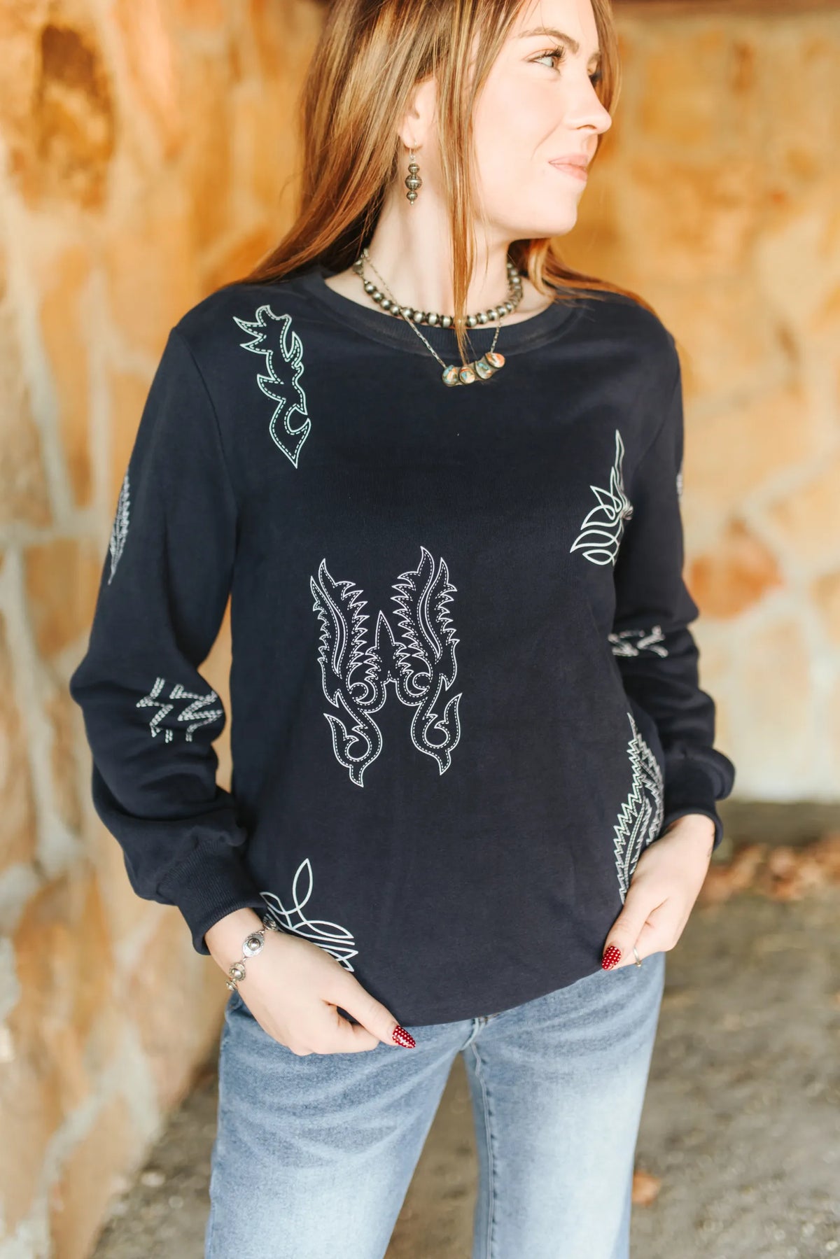 BOOT STITCHED WESTERN PRINTED ROUND NECK PULL OVER NAVY SWEATER