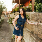 DARK WASH STRETCH DENIM WESTERN YOKE BUTTON DOWN DRESS