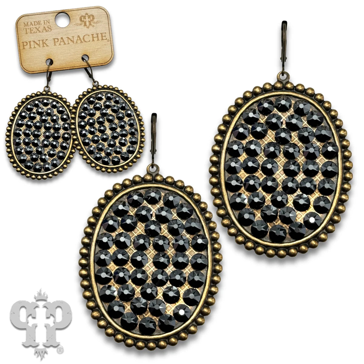 PINK PANACHE BRONZE MEDIUM OVAL WITH BLACK CRYSTAL EARRINGS - BBL