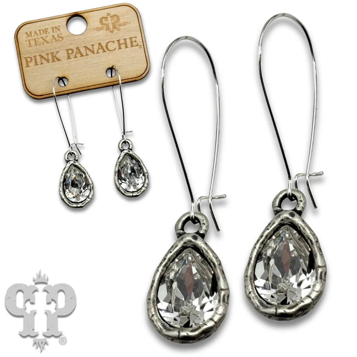 PINK PANACHE SILVER CLEAR STONE SMALL PEAR TEARDROP KIDNEY WIRE EARRING - E502SCL