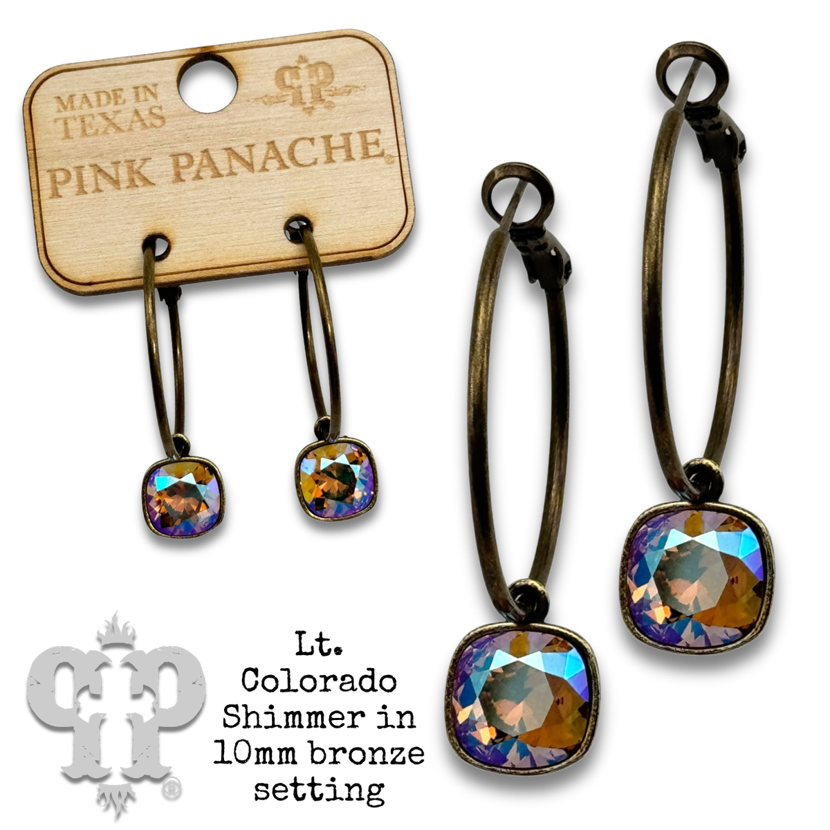 PINK PANACHE 10mm BRONZE LIGHT COLORADO CUSHION CRYSTAL MEDIUM HOOP EARRING -E508BLCTS
