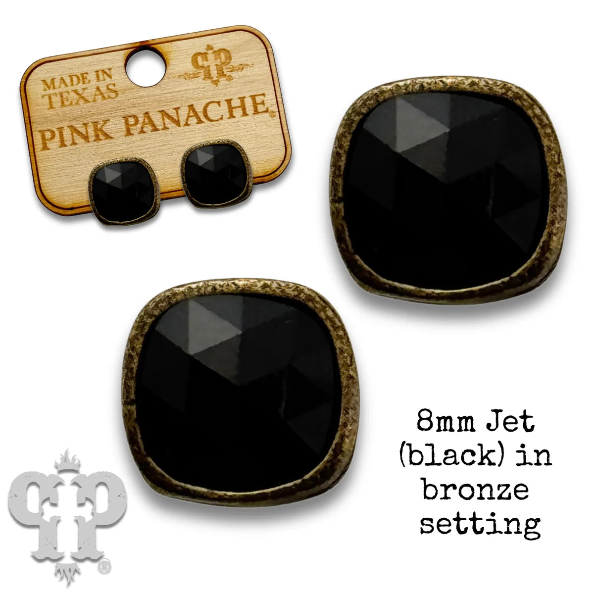 PINK PANACHE 8MM BRONZE BLACK CUSHION CUT STUDS 8MM - E540BBL