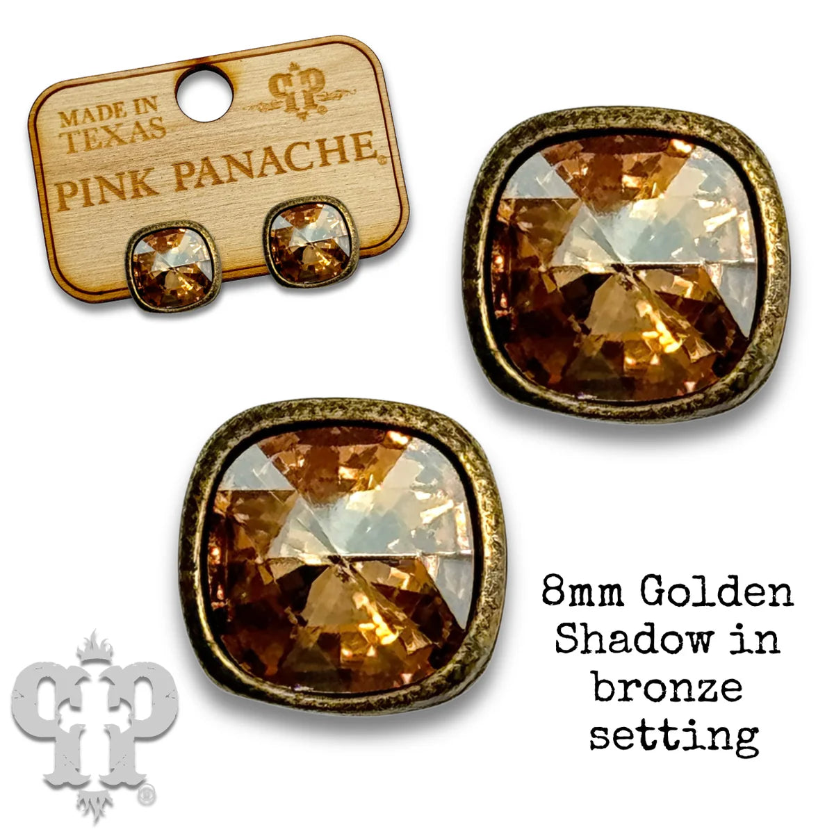 PINK PANACHE 8MM BRONZE CRYSTAL GOLDEN SHADOW CUSHION CUT STUDS- E540BGS