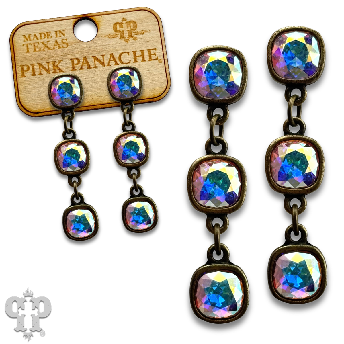 PINK PANACHE 8MM BRONZE AB STONE TRIPLE AUSTRIAN CRYSTAL DROP EARRINGS - E555BAB
