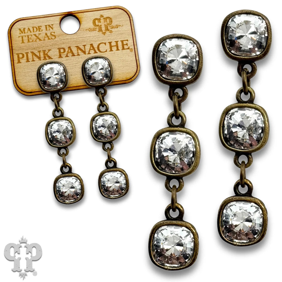 PINK PANACHE 8MM BRONZE CLEAR TRIPLE AUSTRIAN CRYSTAL DROP EARRINGS - E555BCL