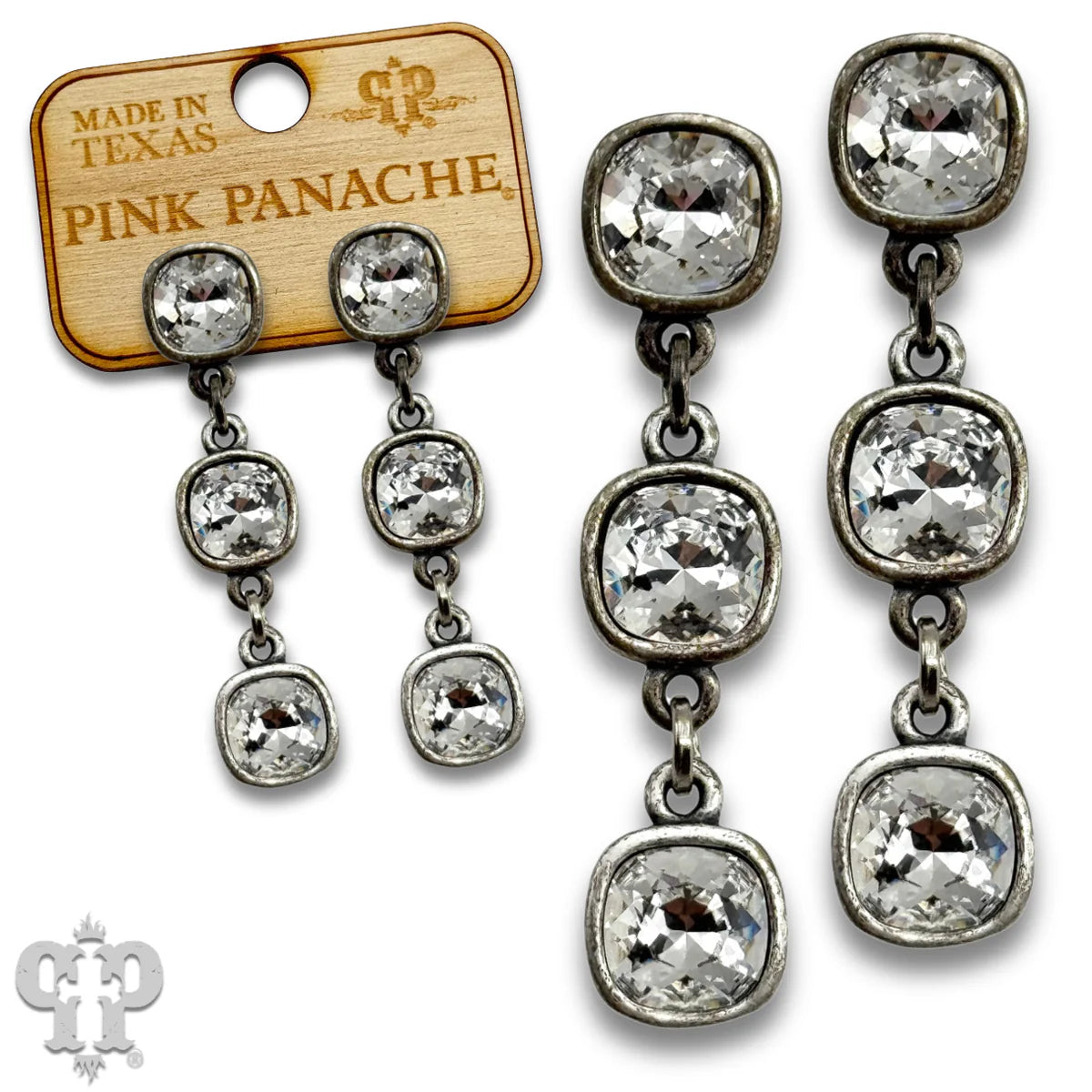 PINK PANACHE 8MM SILVER CLEAR TRIPLE AUSTRIAN CRYSTAL DROP EARRINGS - E555SCL