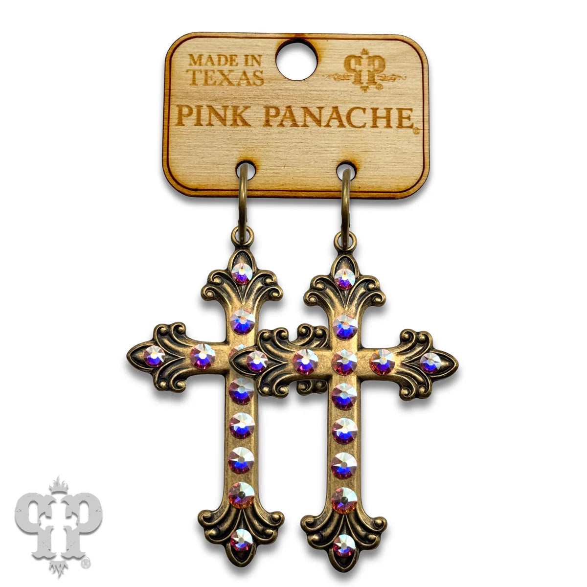 PINK PANACHE BRONZE AB STONE SWIRL TIP CROSS SMALL HOOP EARRINGS - E660BAB