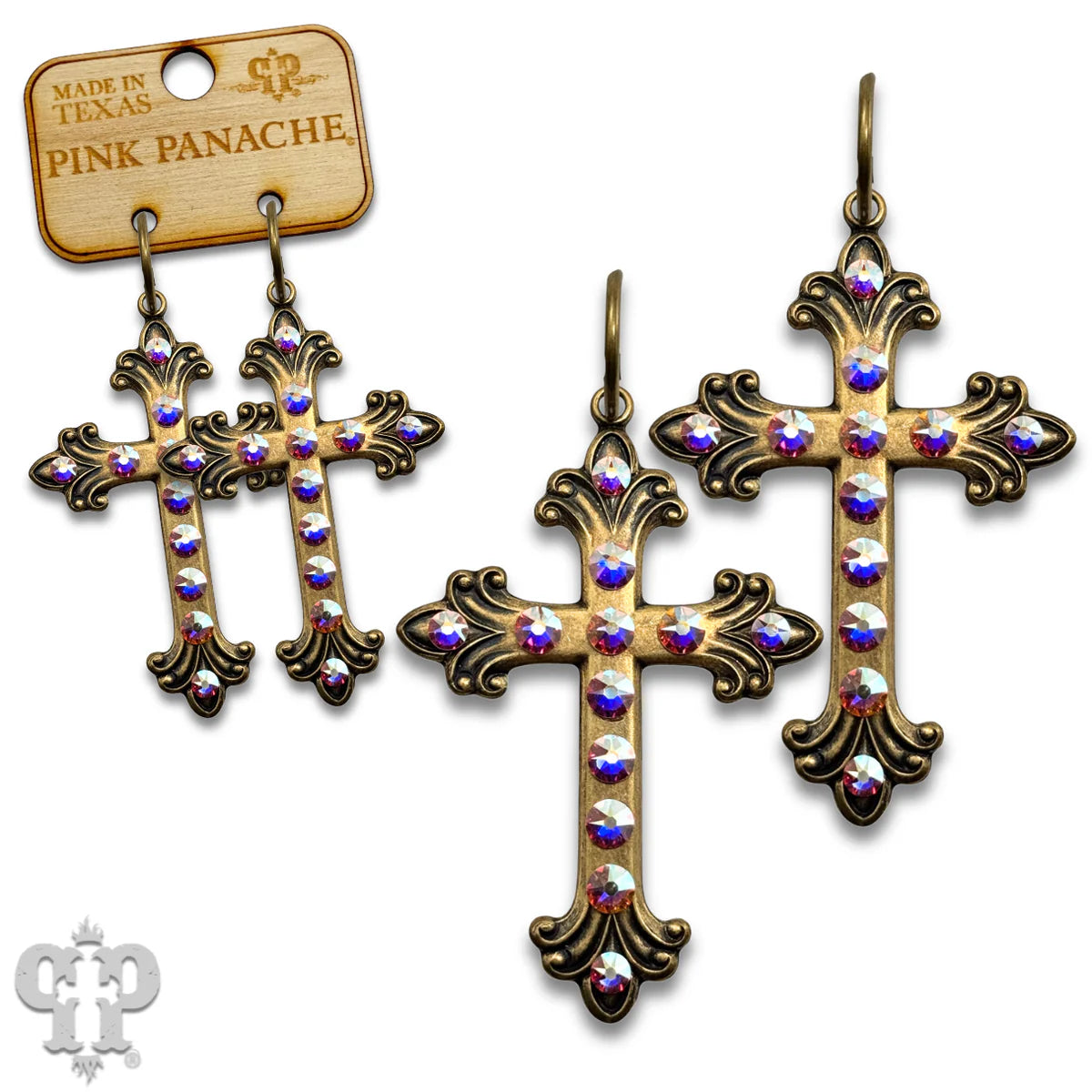 PINK PANACHE BRONZE AB STONE SWIRL TIP CROSS SMALL HOOP EARRINGS - E660BAB
