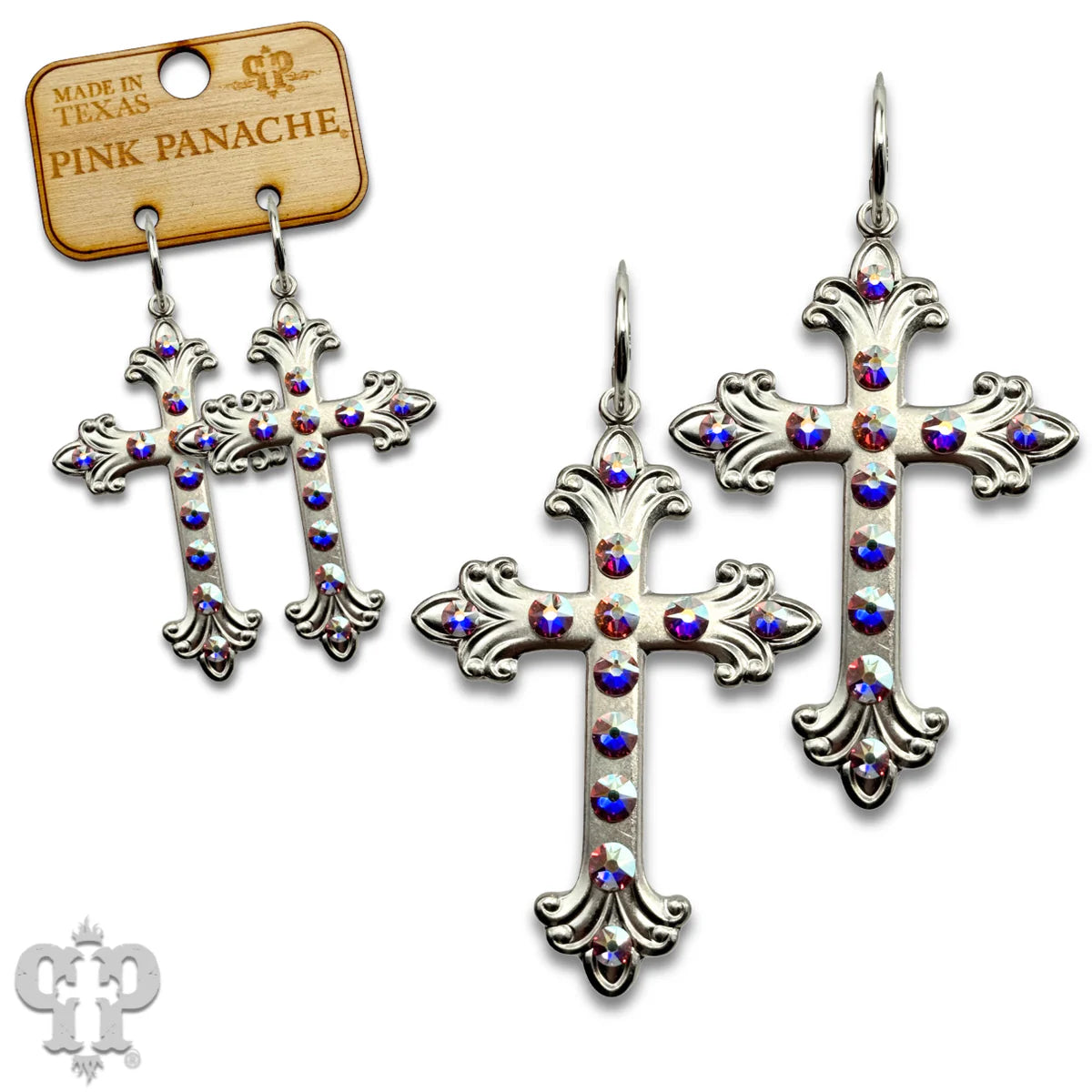 PINK PANACHE SILVER AB STONE SWIRL TIP CROSS SMALL HOOP EARRINGS - E660SAB