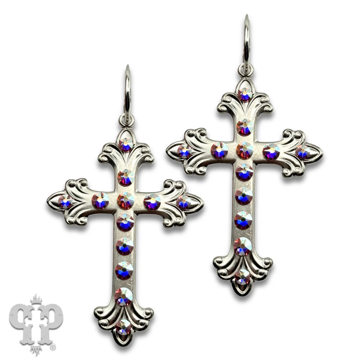 PINK PANACHE SILVER AB STONE SWIRL TIP CROSS SMALL HOOP EARRINGS - E660SAB