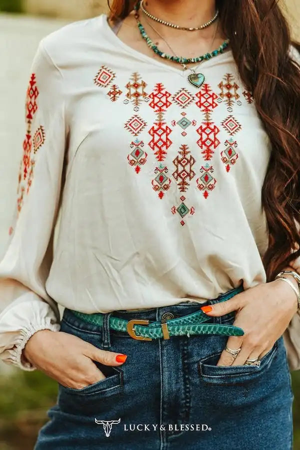 IVORY AZTEC EMBROIDERED LONG SLEEVE ELASTIC WAIST TOP