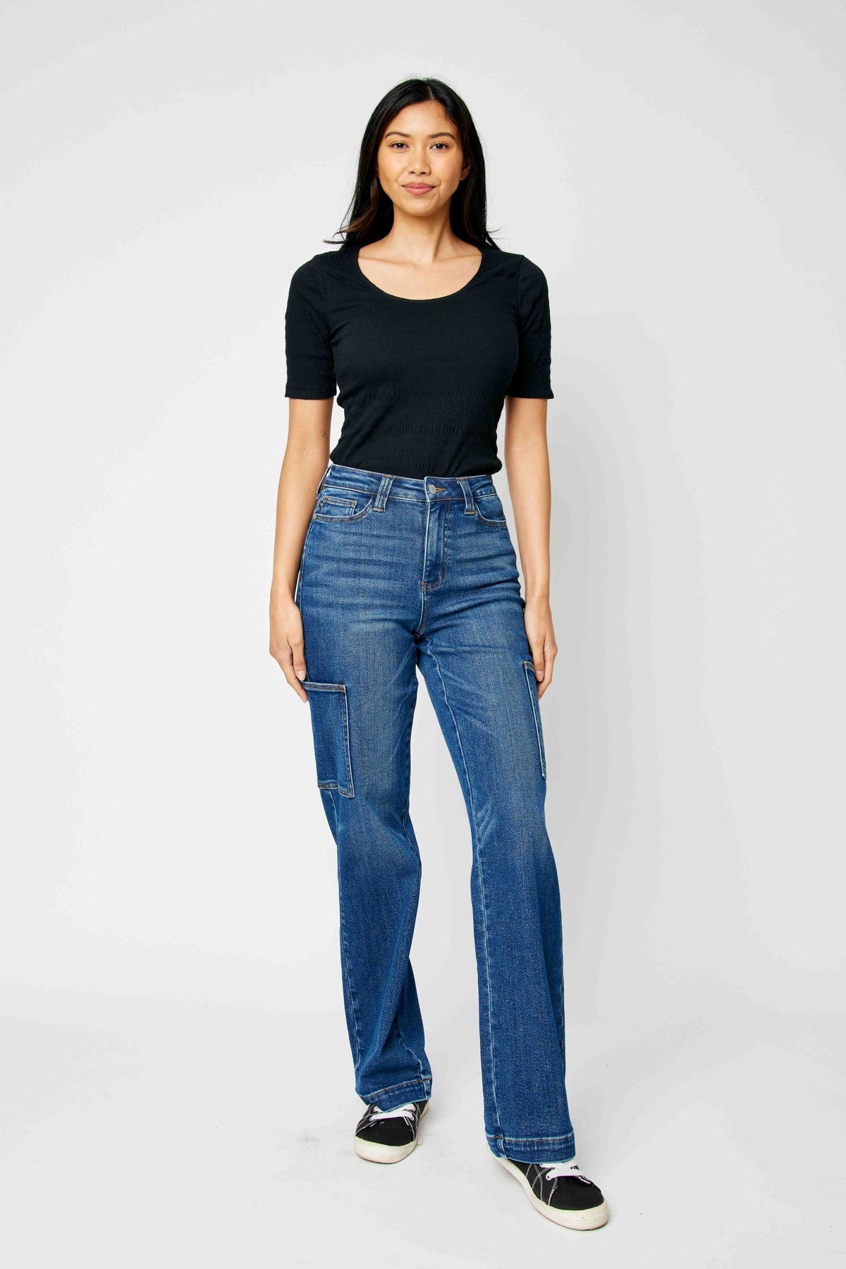 JUDY BLUE HIGH WAIST CARGO WIDE JEANS - DARK STONE