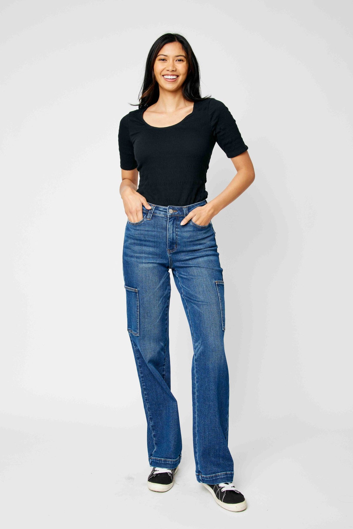 JUDY BLUE HIGH WAIST CARGO WIDE JEANS - DARK STONE