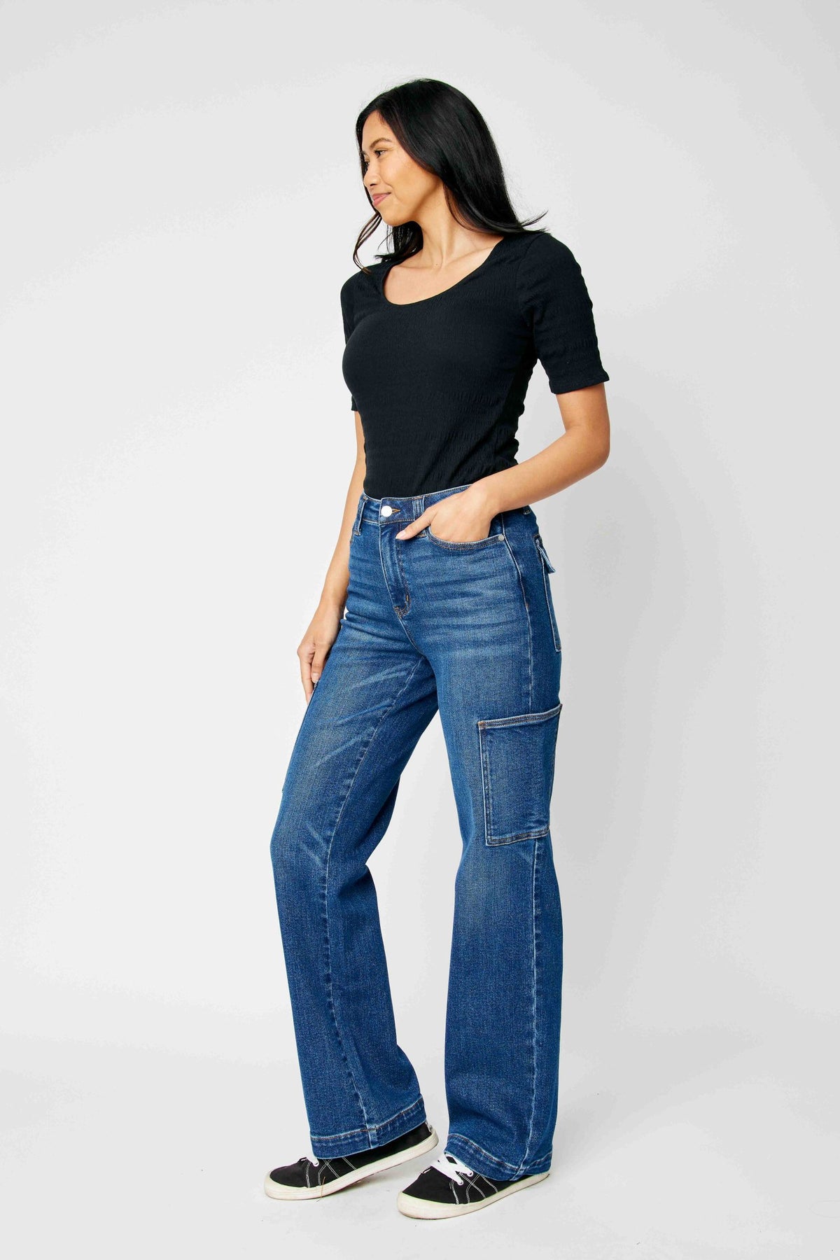 JUDY BLUE HIGH WAIST CARGO WIDE JEANS - DARK STONE