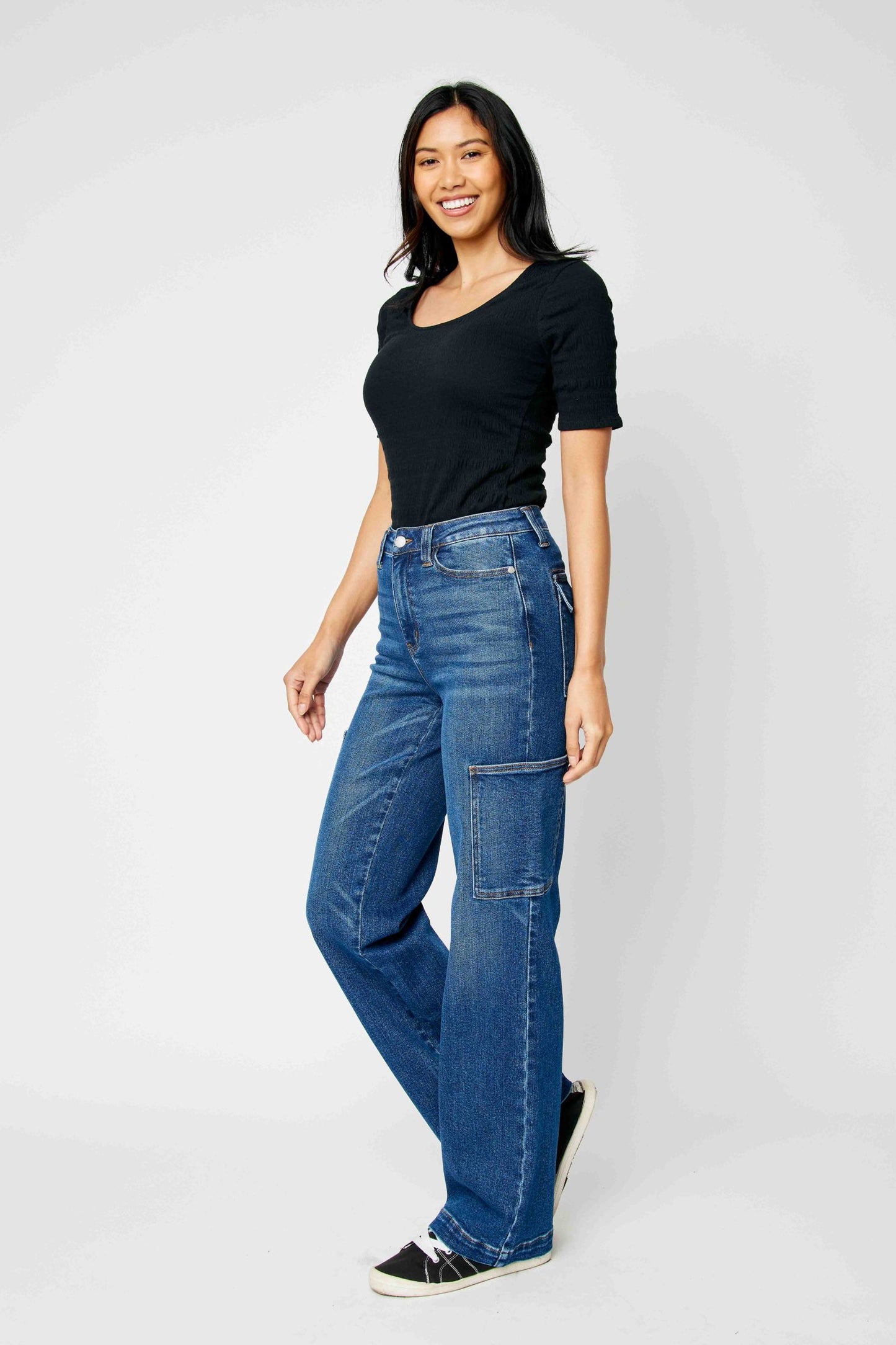 JUDY BLUE HIGH WAIST CARGO WIDE JEANS - DARK STONE