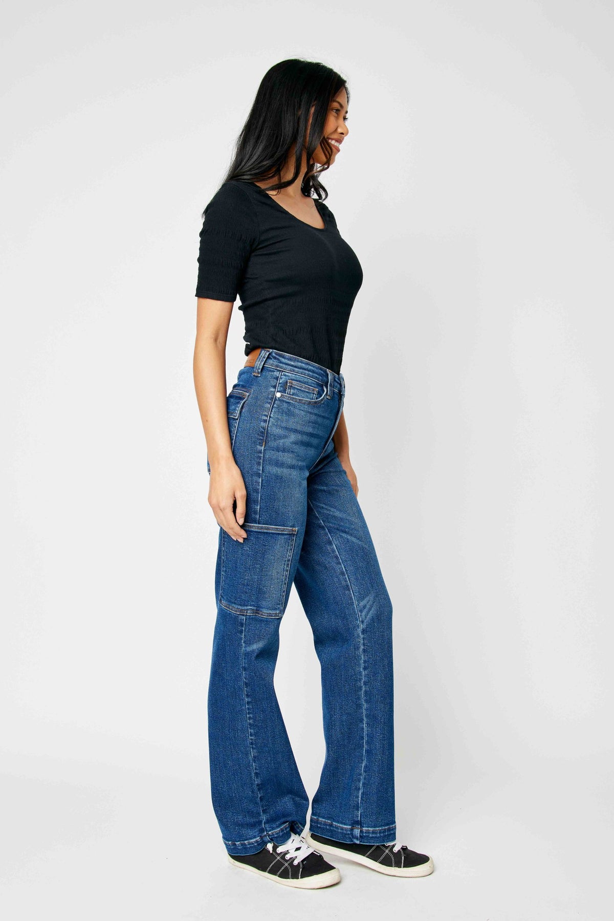JUDY BLUE HIGH WAIST CARGO WIDE JEANS - DARK STONE