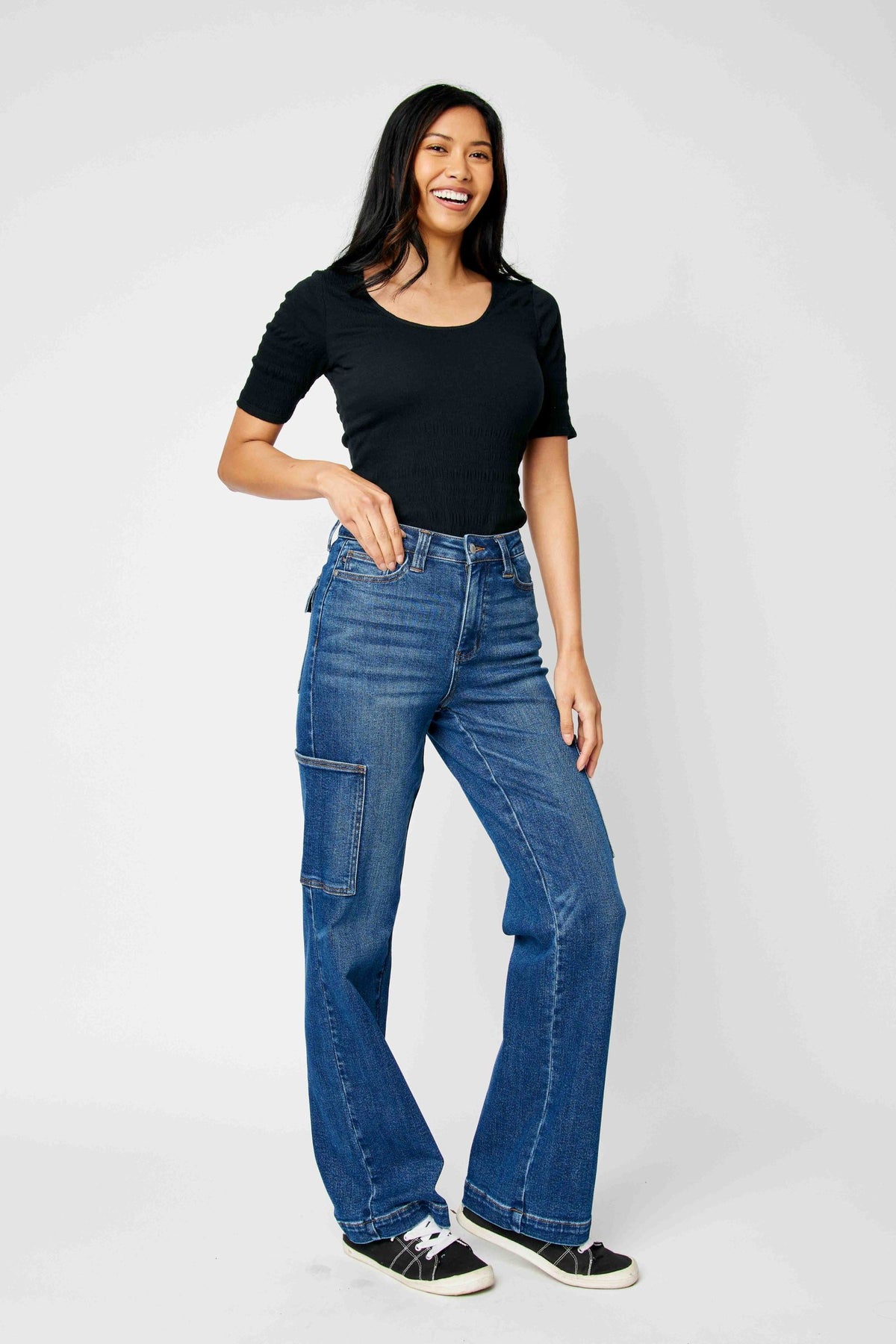 JUDY BLUE HIGH WAIST CARGO WIDE JEANS - DARK STONE