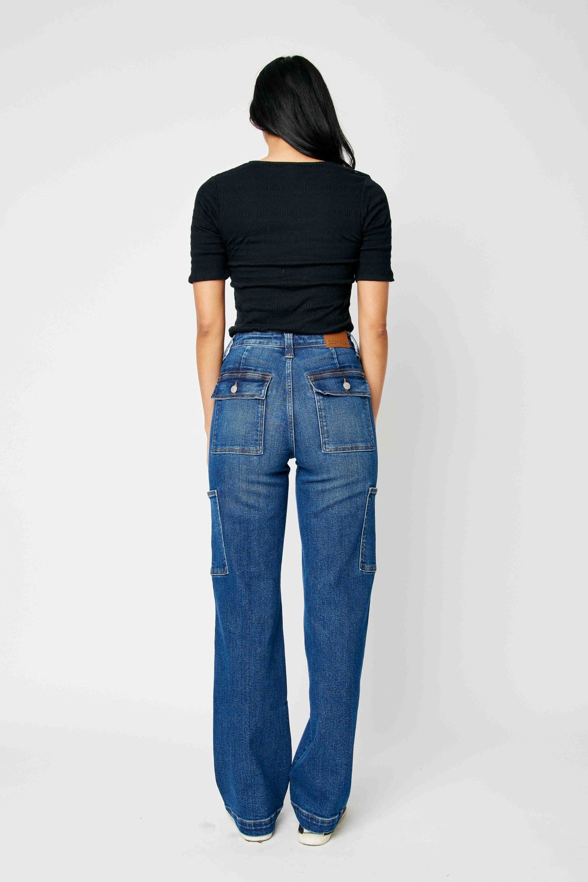 JUDY BLUE HIGH WAIST CARGO WIDE JEANS - DARK STONE