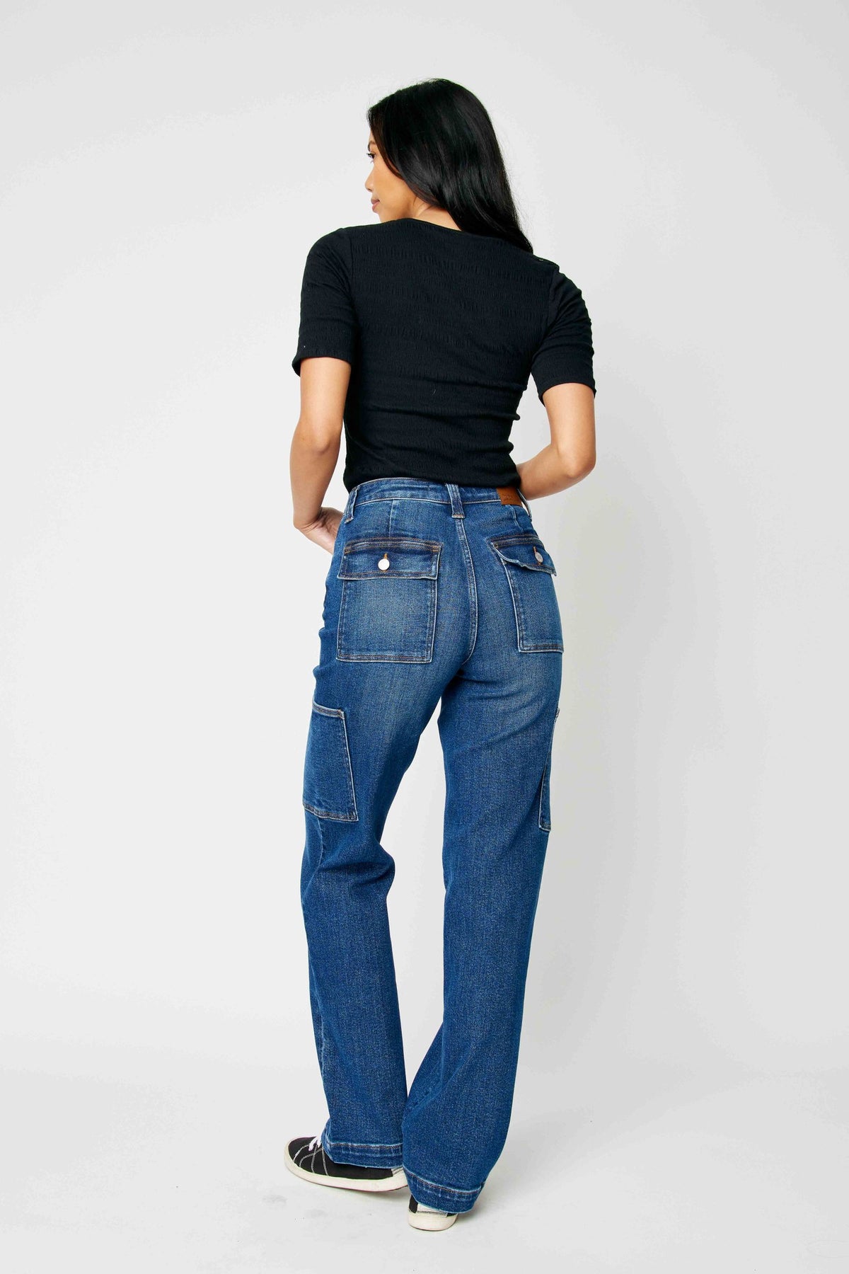 JUDY BLUE HIGH WAIST CARGO WIDE JEANS - DARK STONE