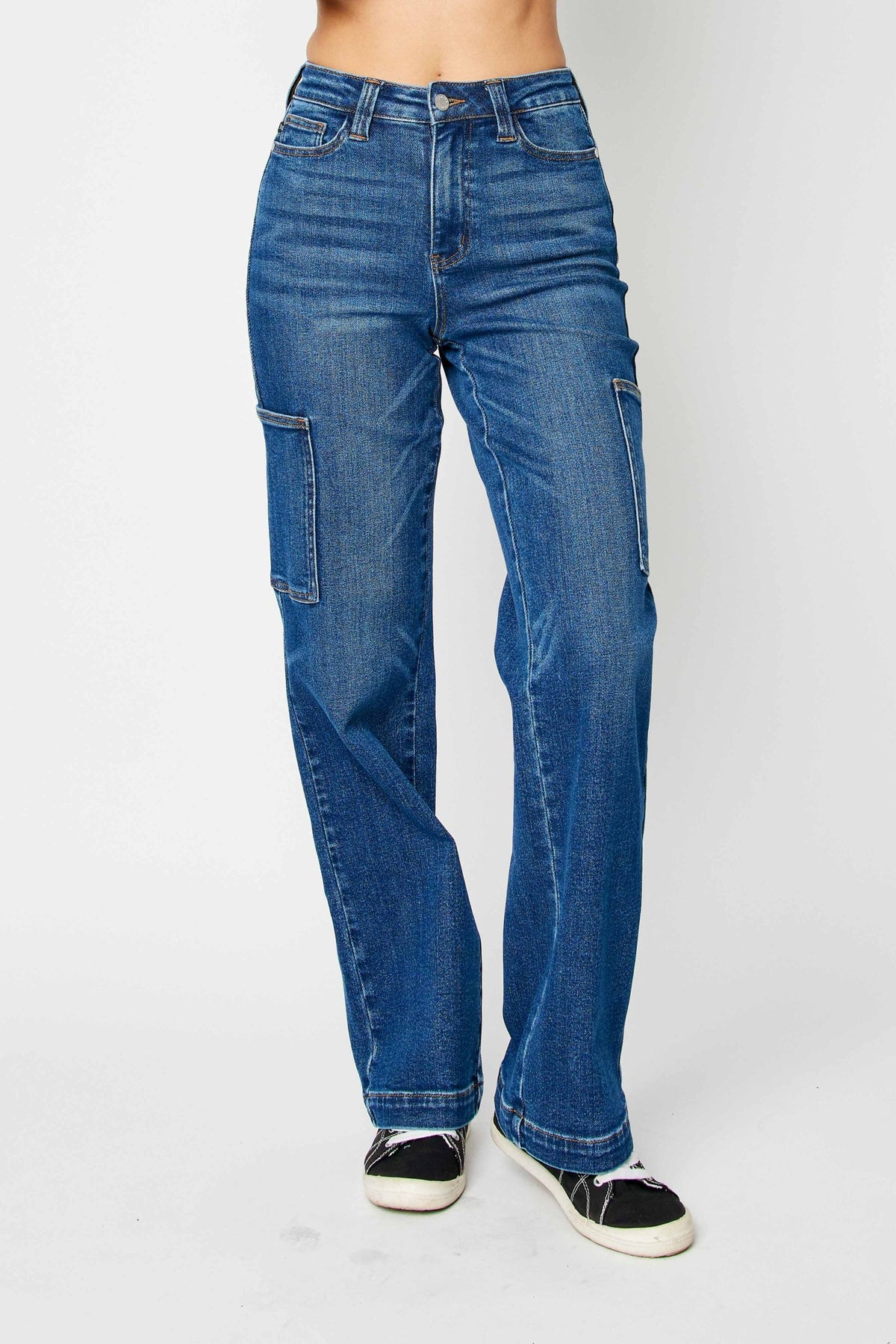 JUDY BLUE HIGH WAIST CARGO WIDE JEANS - DARK STONE