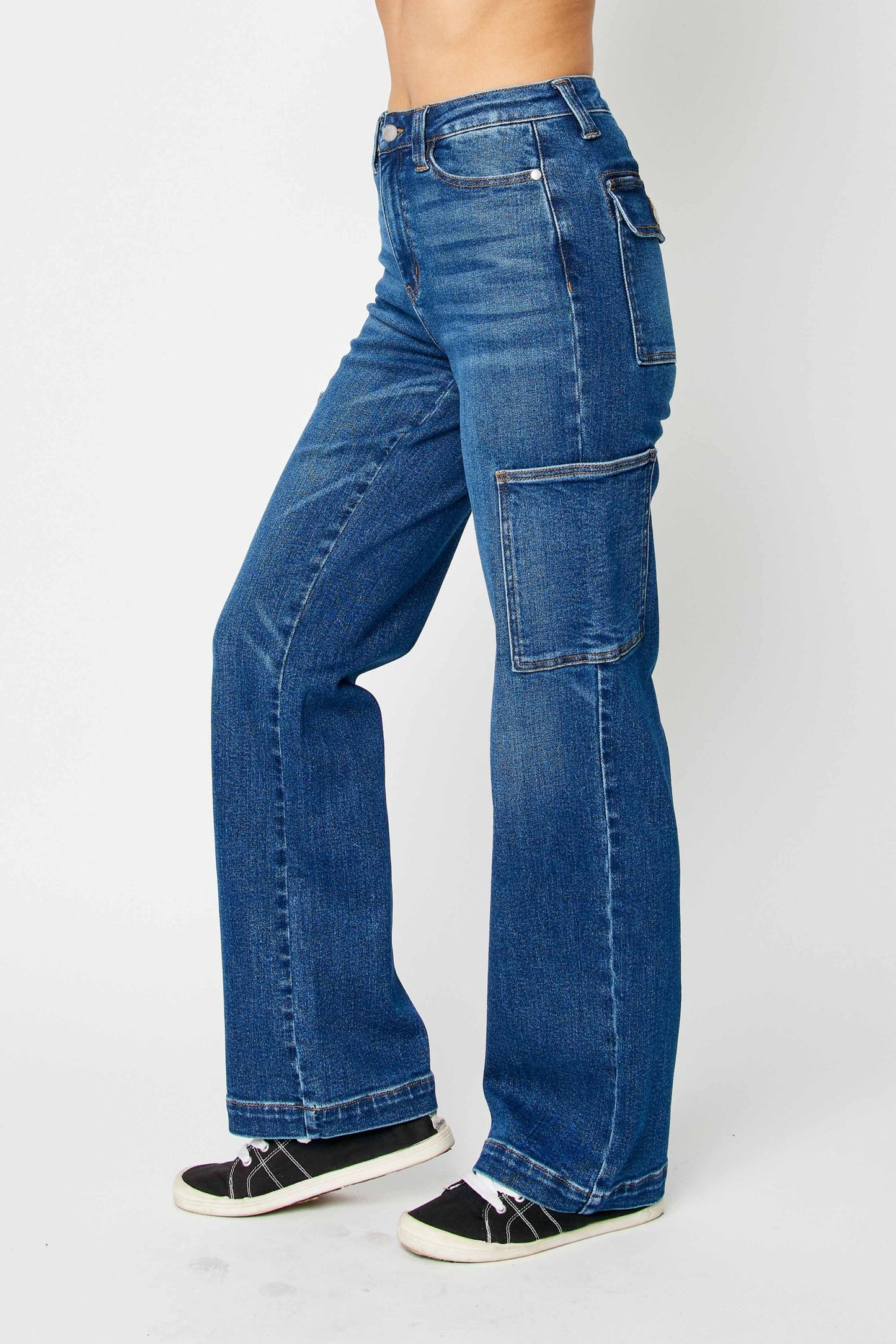 JUDY BLUE HIGH WAIST CARGO WIDE JEANS - DARK STONE