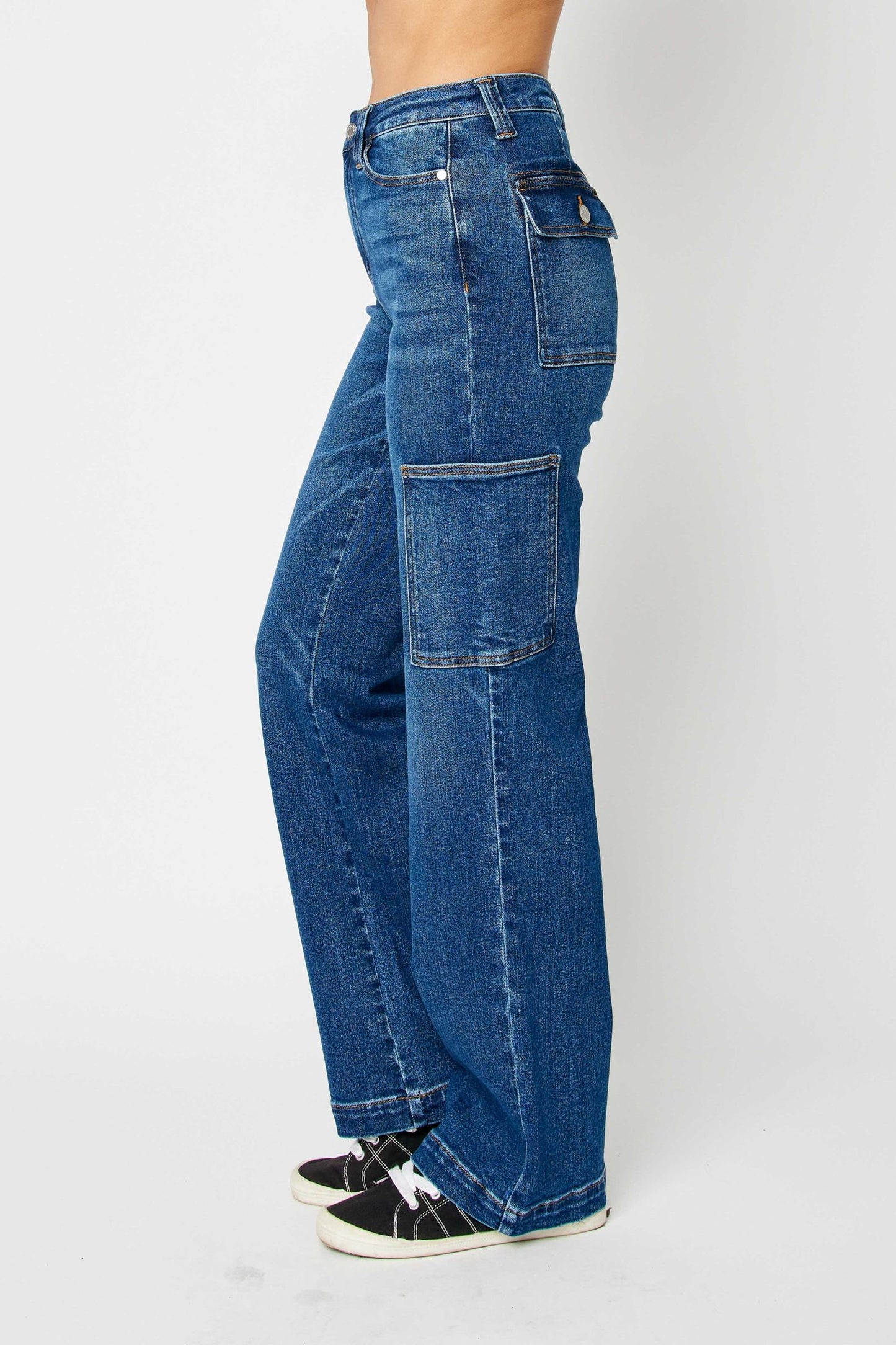 JUDY BLUE HIGH WAIST CARGO WIDE JEANS - DARK STONE