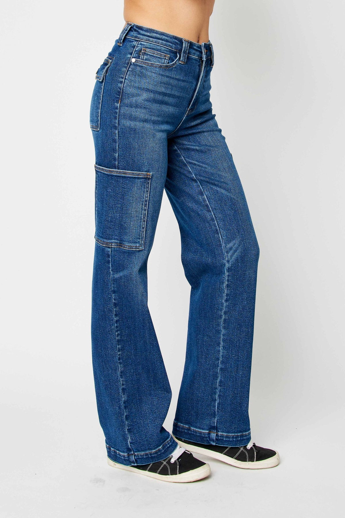 JUDY BLUE HIGH WAIST CARGO WIDE JEANS - DARK STONE