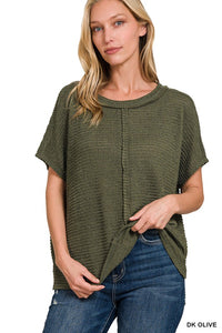 DOLMAN SHORT SLEEVE JACQUARD SWEATER - DARK OLIVE