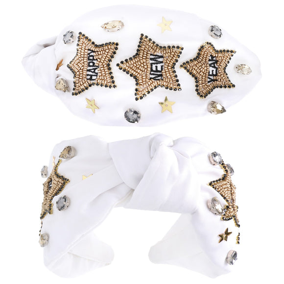 White Happy New Year Beaded Jeweled Knotted Headband